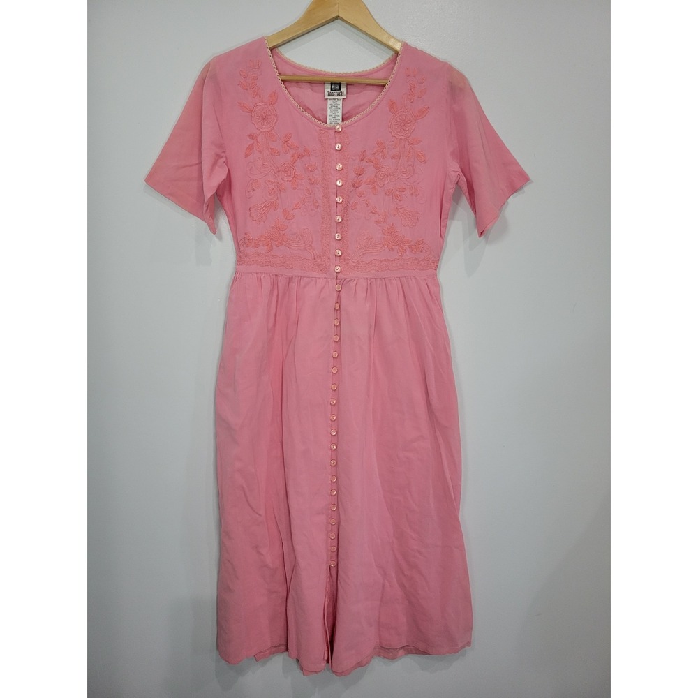Together! Vintage Pink Cotton Embroidered Button Front Midi Dress Petite Medium